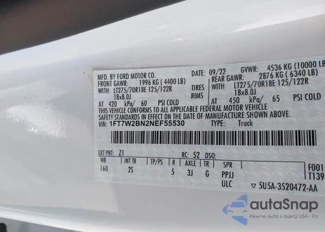 2022 Ford F250 Xlt from USA, damaged, VIN 1FT7W2BN2NEF55530